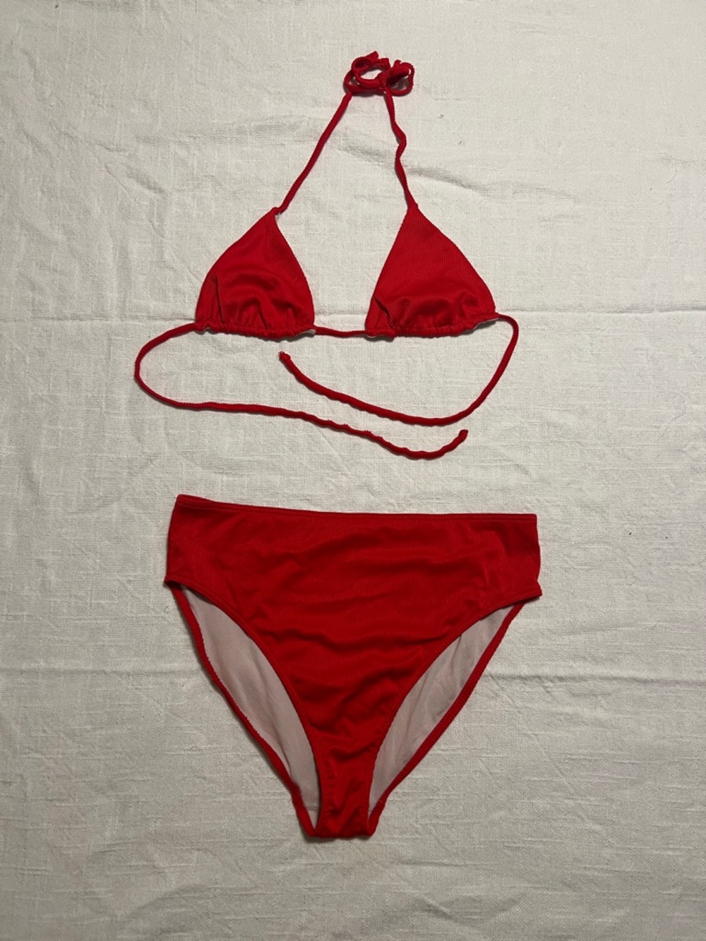 Red Ribbed Two-Piece Bikini Set - Triangle Top & High Waist Bottom